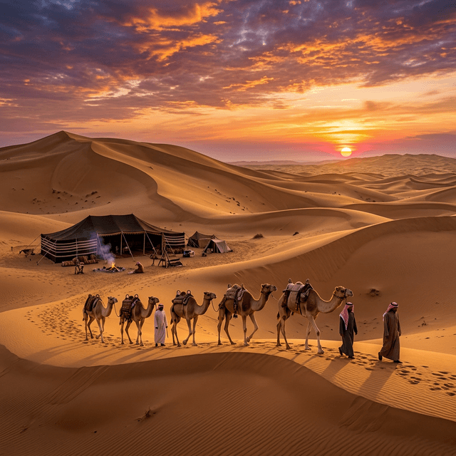 صحراء عربية مع الإبل والخيام البدوية